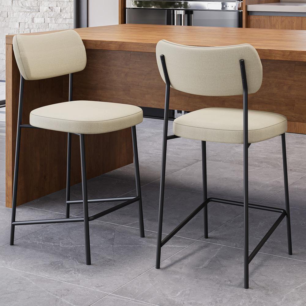 Kit 06 Banquetas Baixa Bar Cozinha Sala De Jantar Preto Elira L02 Linho Bege Escuro - Lyam Decor - 2