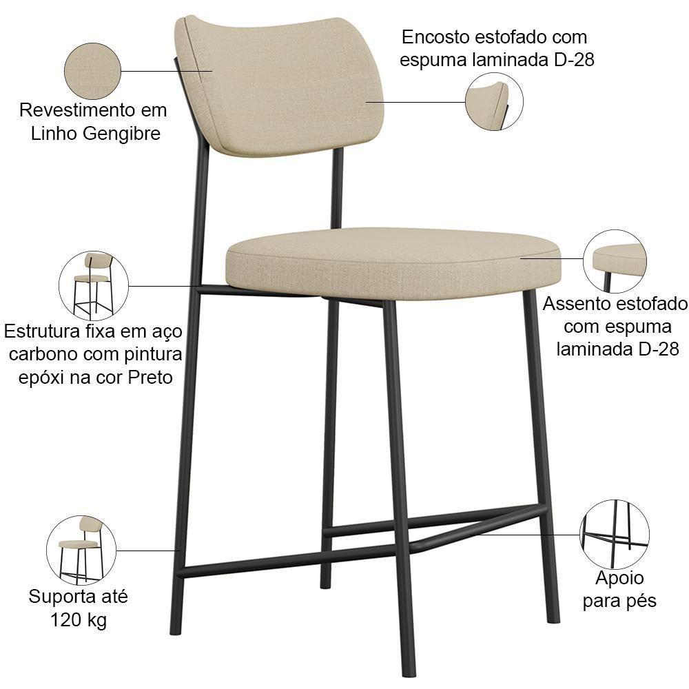 Kit 06 Banquetas Baixa Bar Cozinha Sala De Jantar Preto Elira L02 Linho Bege Escuro - Lyam Decor - 4