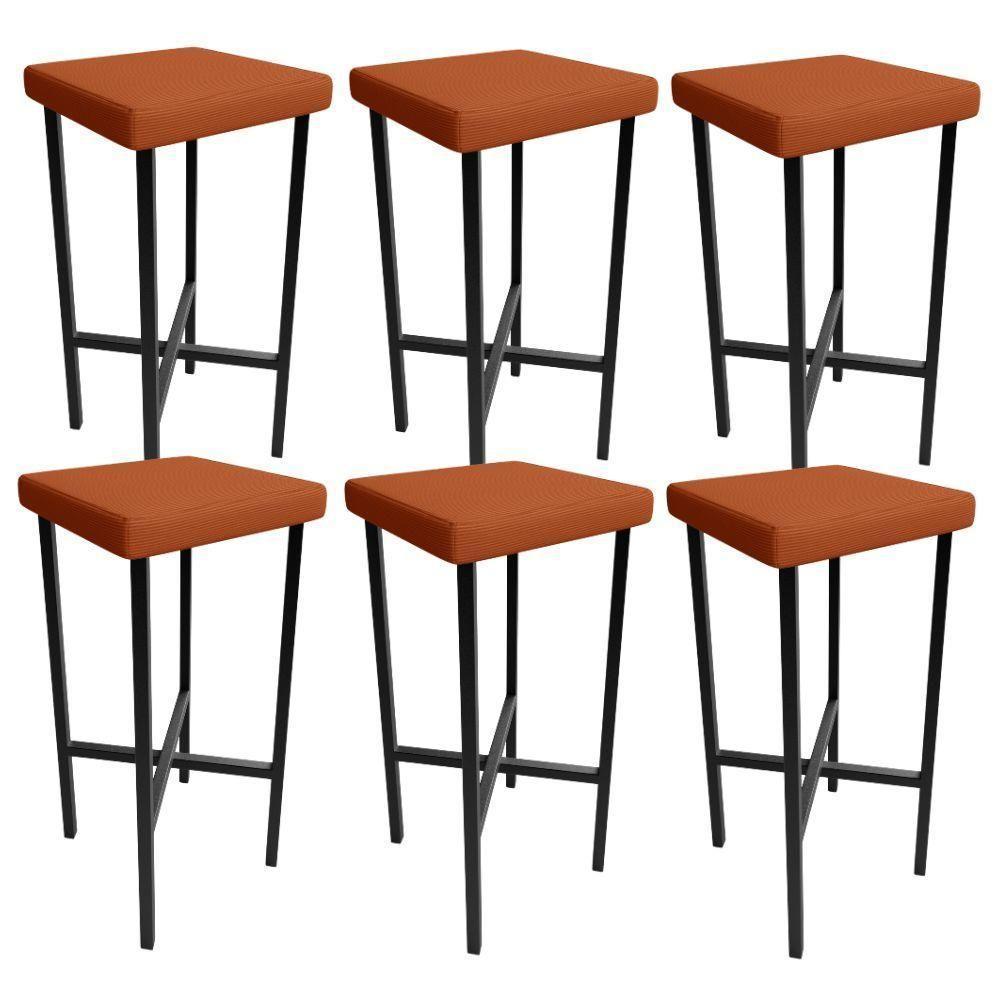 Kit 06 Banquetas Alta Bar Cozinha Sala De Jantar Preto Stella L02 Tecido Terracota - Lyam Decor - 1