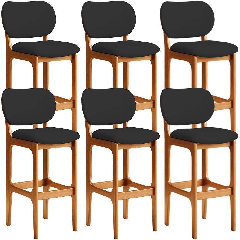 Kit 06 Banquetas Alta Para Cozinha Madeira Fixa Betta L02 Imbuia Facto Preto - Lyam Decor - 1
