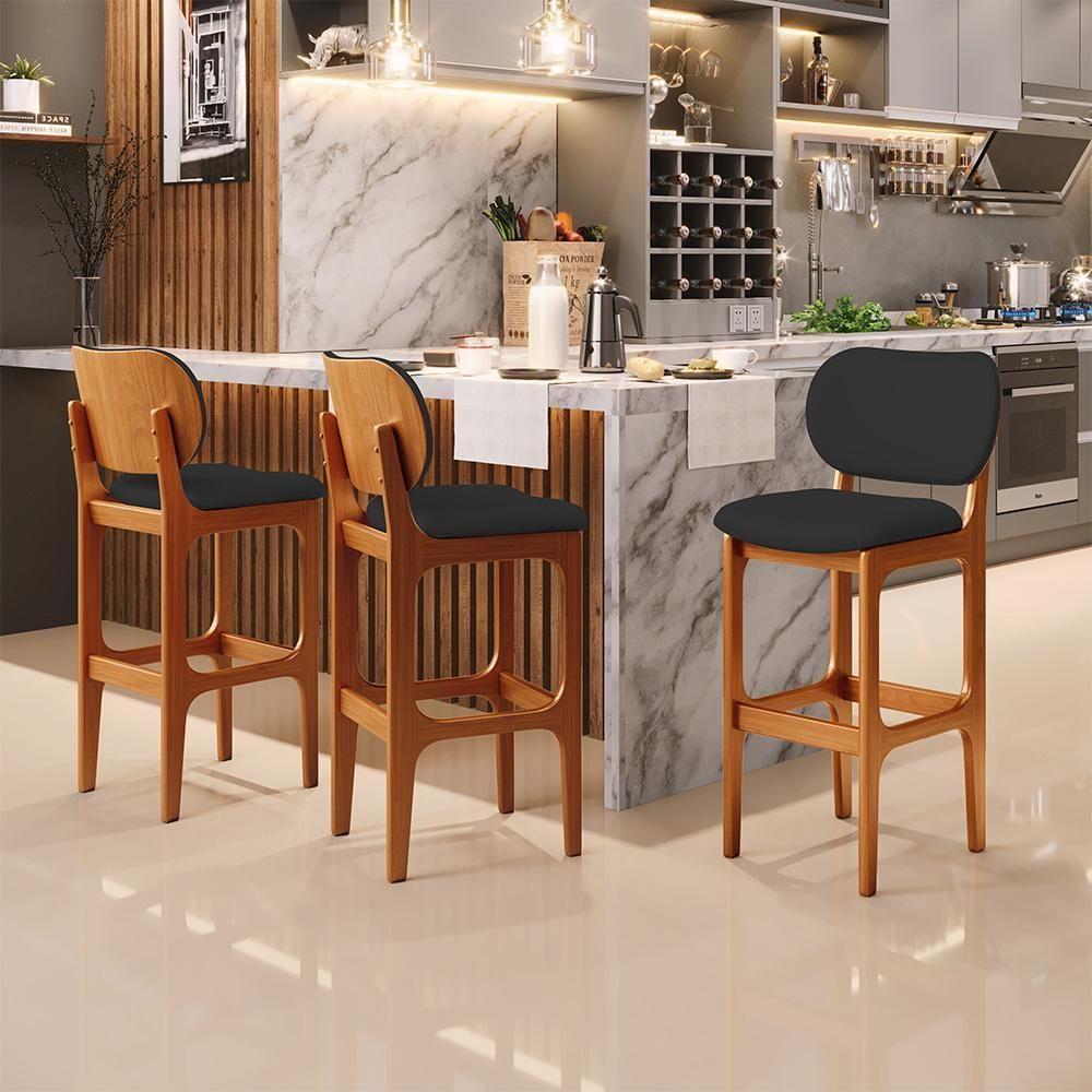 Kit 06 Banquetas Alta Para Cozinha Madeira Fixa Betta L02 Imbuia Facto Preto - Lyam Decor - 2