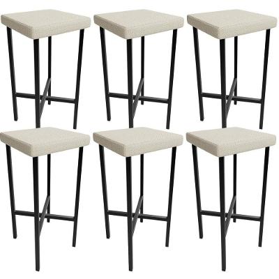 Kit 06 Banquetas Alta Bar Cozinha Sala De Jantar Preto Stella L02 Linho Champagne - Lyam Decor