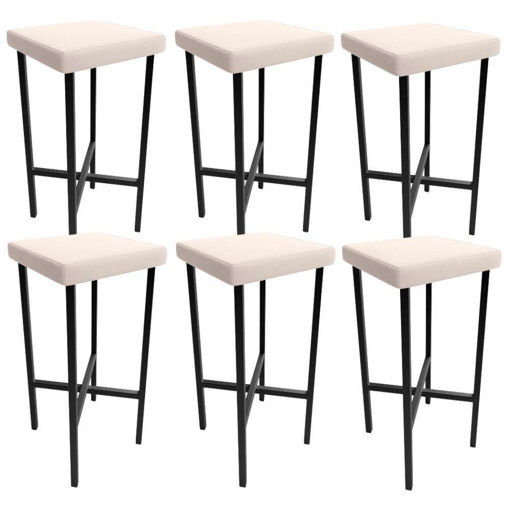 Kit 06 Banquetas Alta Bar Cozinha Sala De Jantar Preto Stella L02 Suede Bege - Lyam Decor - 1