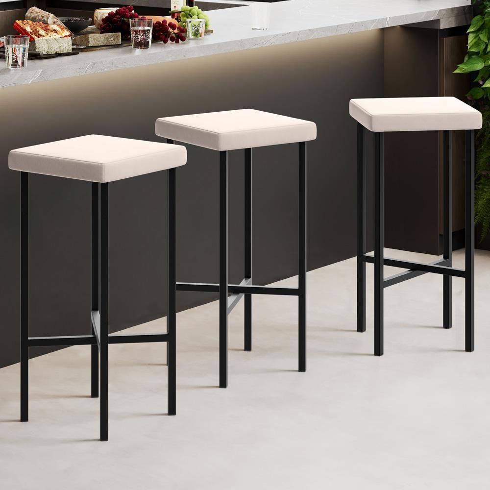 Kit 06 Banquetas Alta Bar Cozinha Sala De Jantar Preto Stella L02 Suede Bege - Lyam Decor - 3
