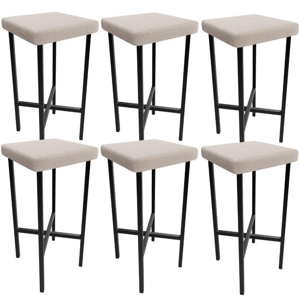 Kit 06 Banquetas Alta Bar Cozinha Sala De Jantar Preto Stella L02 Bouclê Creme - Lyam Decor - 1