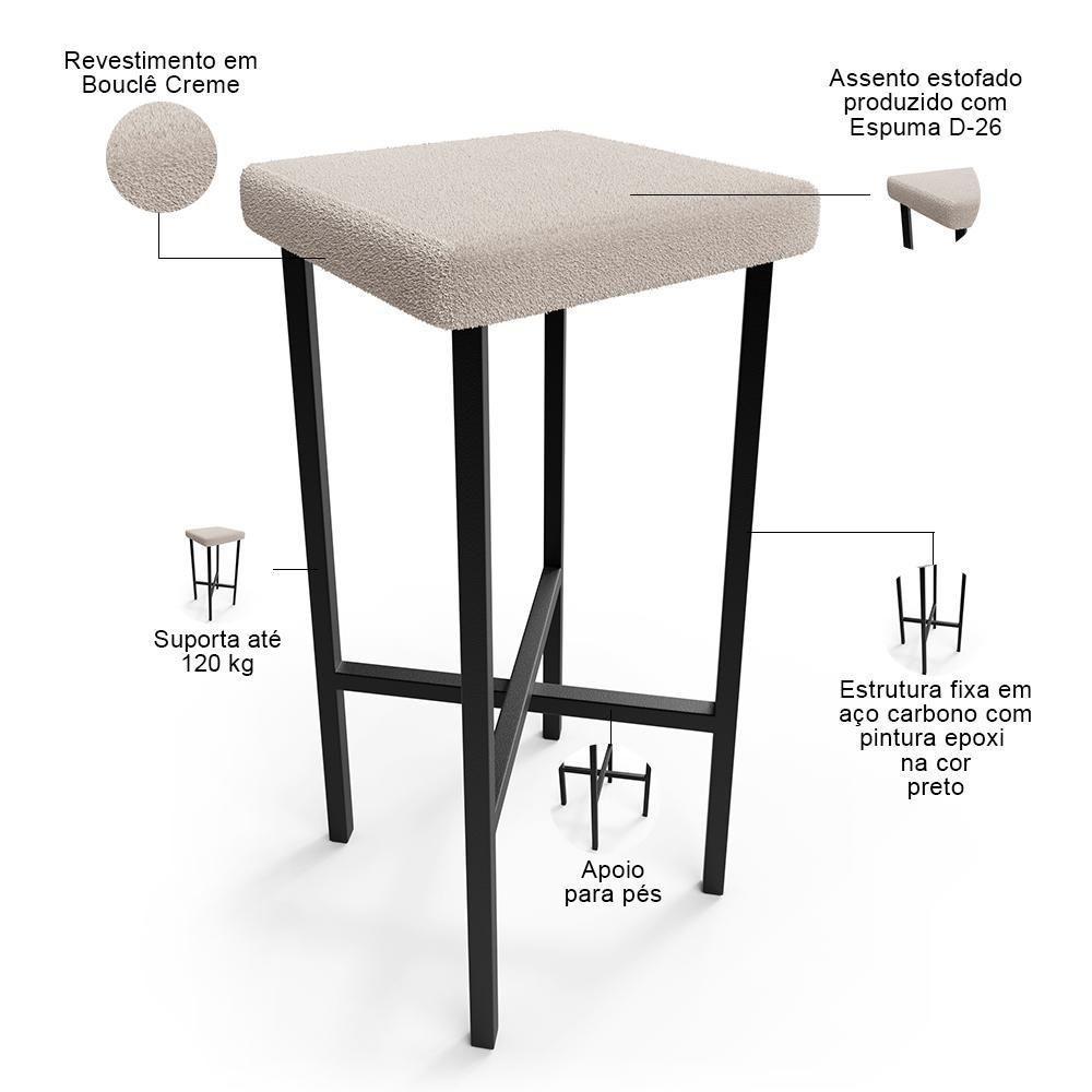 Kit 06 Banquetas Alta Bar Cozinha Sala De Jantar Preto Stella L02 Bouclê Creme - Lyam Decor - 4