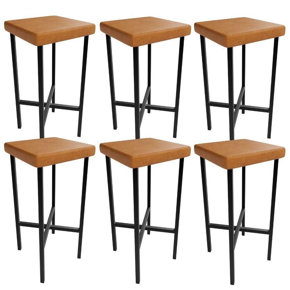 Kit 06 Banquetas Alta Bar Cozinha Sala De Jantar Preto Stella L02 Couríssimo Canela - Lyam Decor - 1