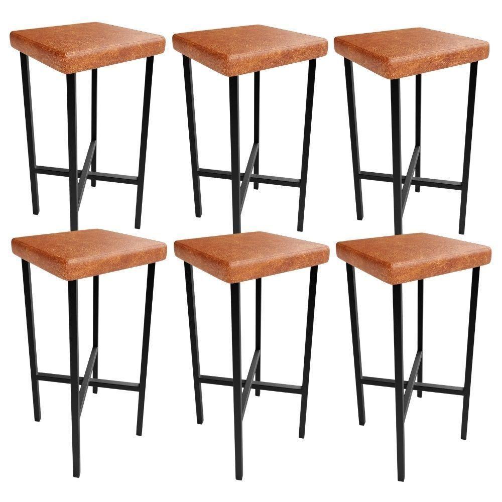 Kit 06 Banquetas Alta Bar Cozinha Sala De Jantar Preto Stella L02 Couríssimo Camel - Lyam Decor - 1