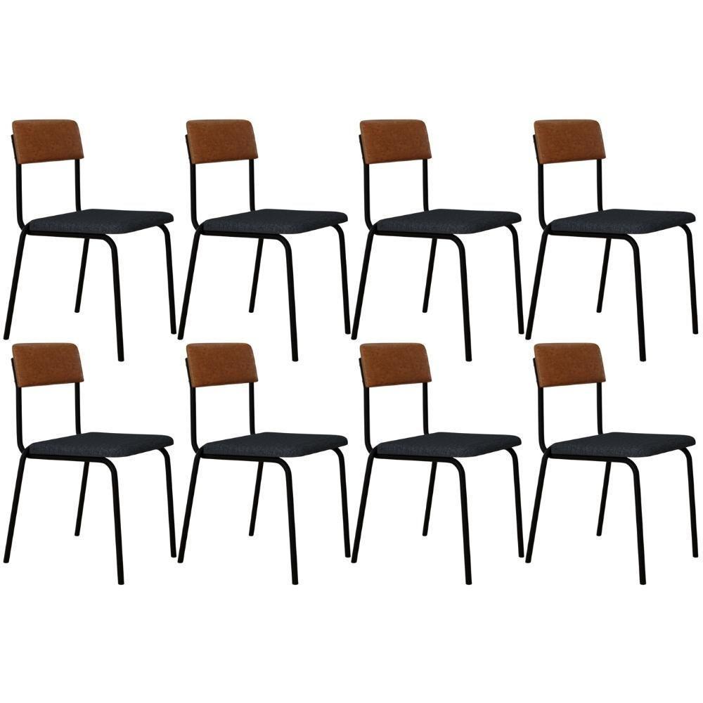 Kit 08 Cadeiras Estofada Para Sala De Jantar Sense Preto C01 Linho Cinza Courino Caramelo - Lyam Decor - 1