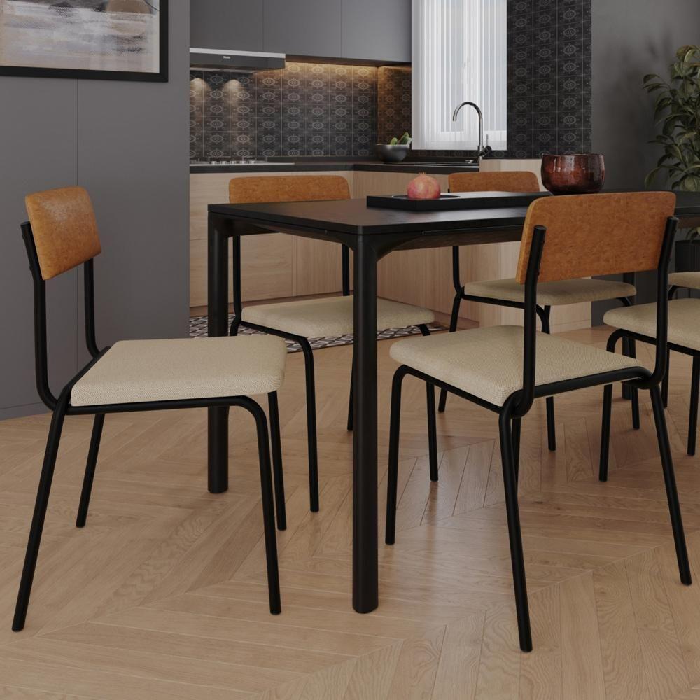 Kit 06 Cadeiras Estofada Para Sala De Jantar Sense Preto C01 Linho Areia Courino Caramelo - Lyam Decor - 4