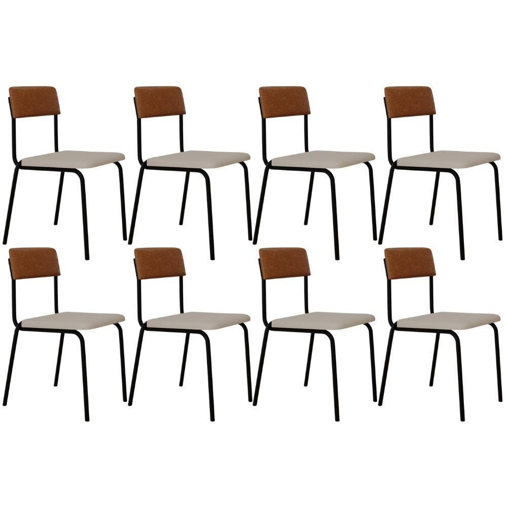 Kit 08 Cadeiras Estofada Para Sala De Jantar Sense Preto C01 Linho Palha Courino Caramelo - Lyam Decor - 1