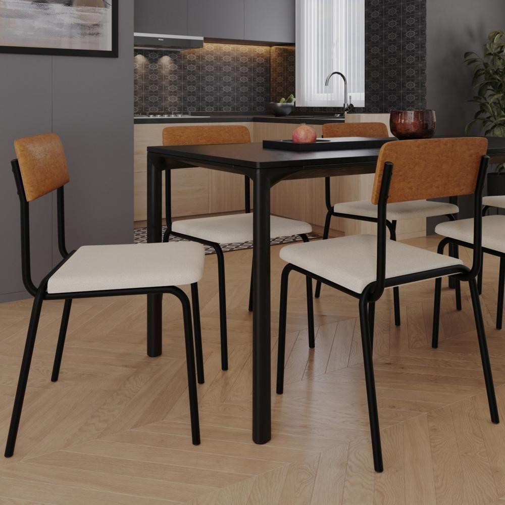 Kit 08 Cadeiras Estofada Para Sala De Jantar Sense Preto C01 Linho Palha Courino Caramelo - Lyam Decor - 2