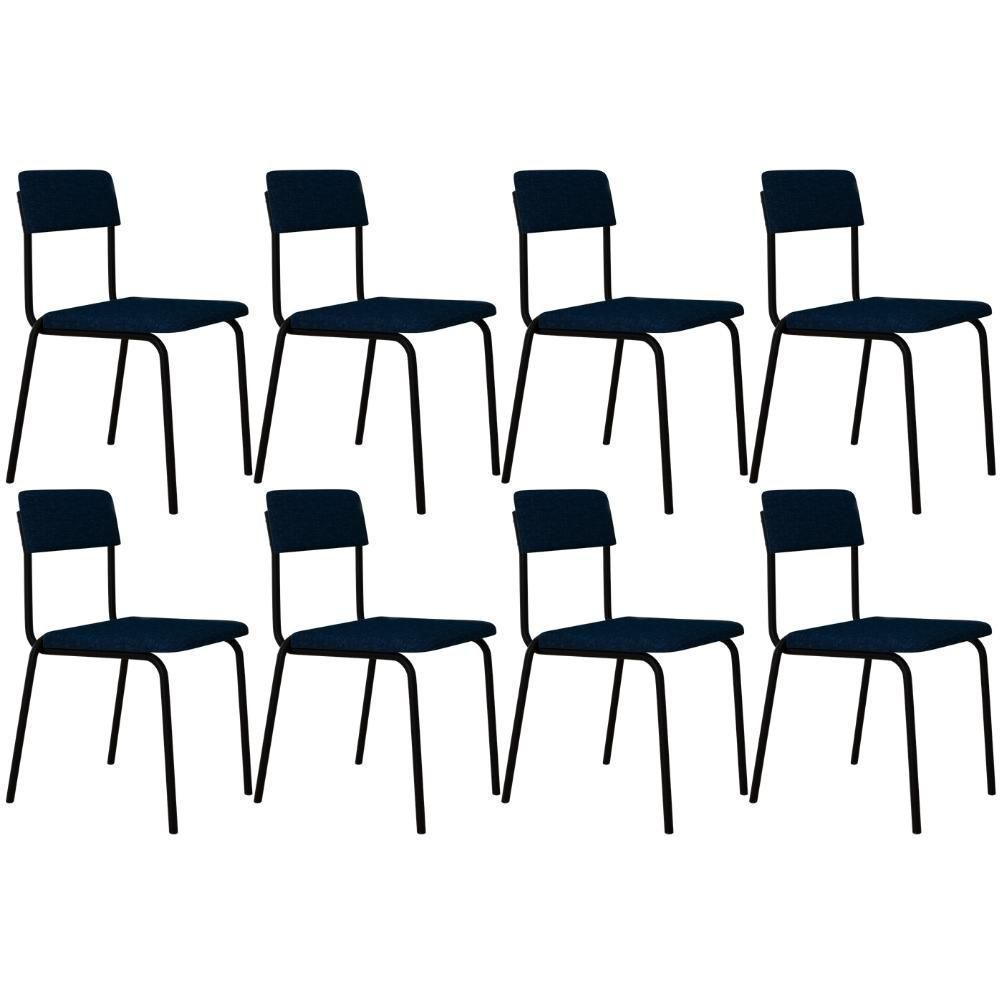 Kit 08 Cadeiras Estofada Para Sala De Jantar Sense Preto C01 Linho Azul Escuro - Lyam Decor - 1