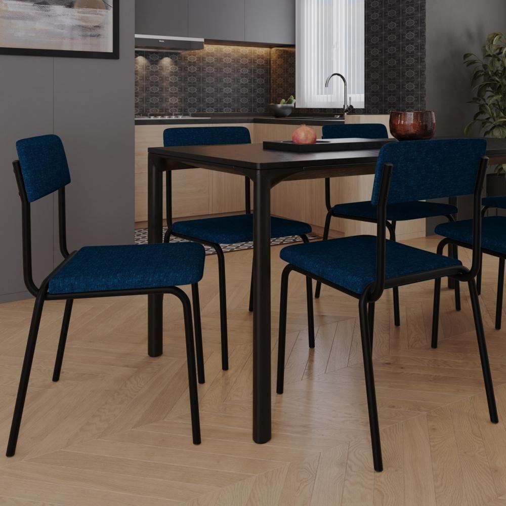 Kit 08 Cadeiras Estofada Para Sala De Jantar Sense Preto C01 Linho Azul Escuro - Lyam Decor - 2