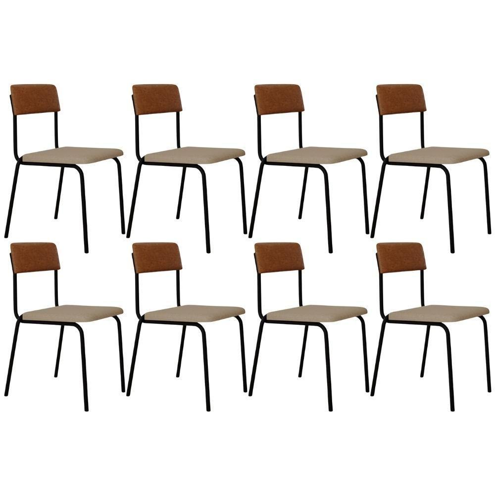 Kit 08 Cadeiras Estofada Para Sala De Jantar Sense Preto C01 Linho Areia Courino Caramelo - Lyam Decor - 1