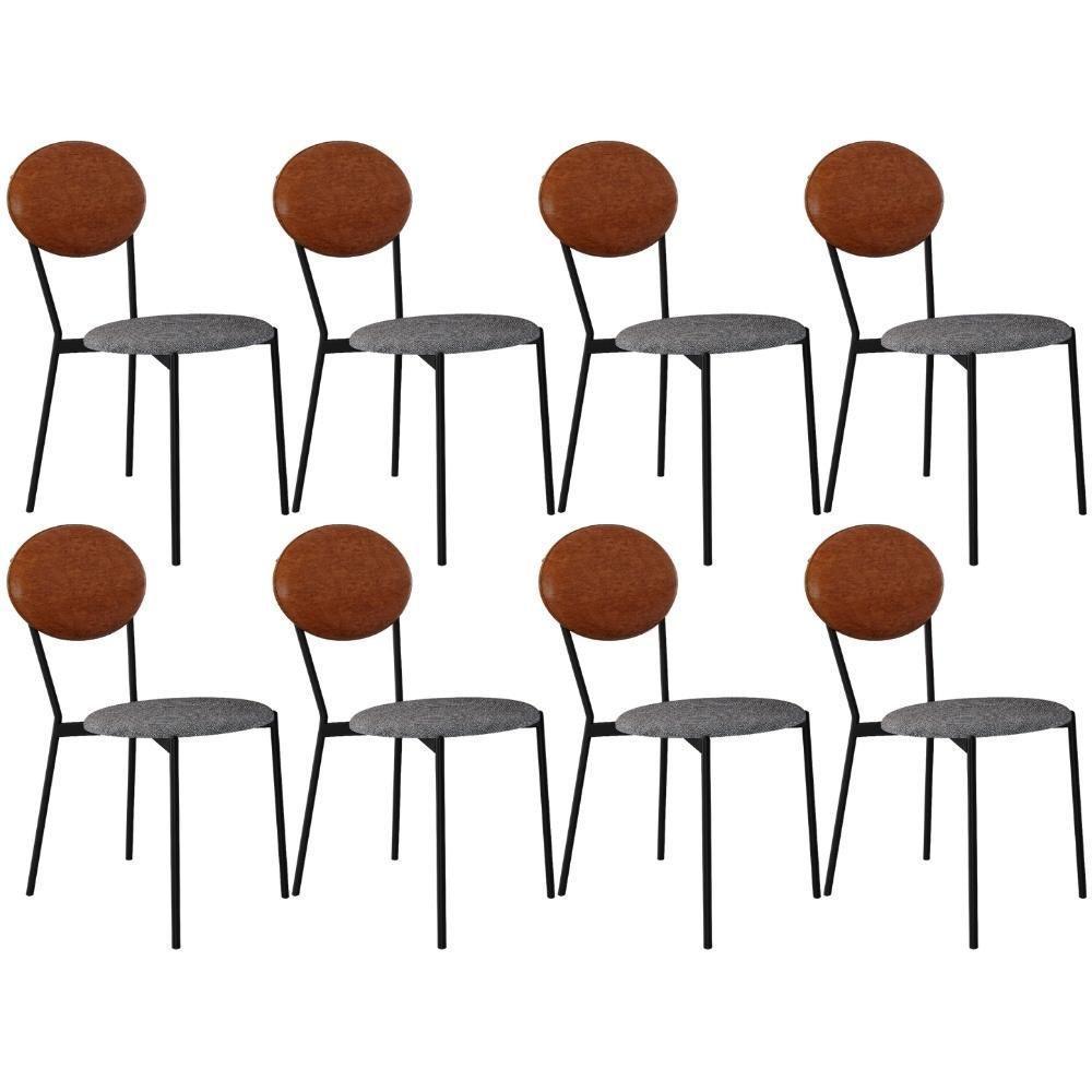 Kit 08 Cadeiras Estofada Para Sala De Jantar Azuri Preto C01 Linho Prata Courino Caramelo - Lyam Decor - 1