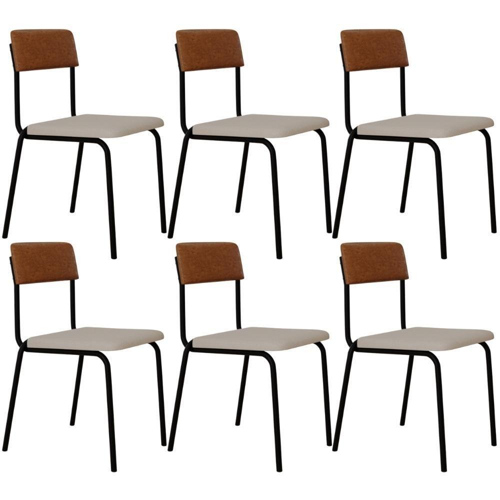 Kit 06 Cadeiras Estofada Para Sala De Jantar Sense Preto C01 Linho Palha Courino Caramelo - Lyam Decor - 1