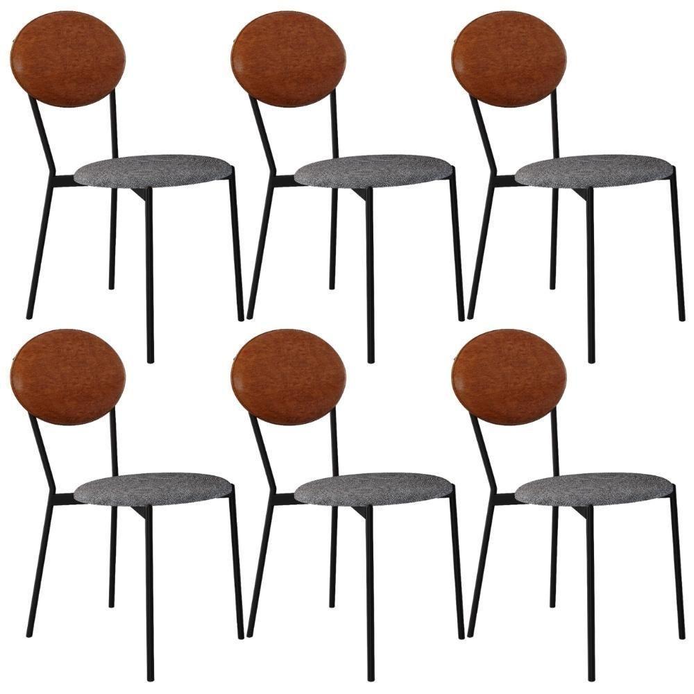 Kit 06 Cadeiras Estofada Para Sala De Jantar Azuri Preto C01 Linho Prata Courino Caramelo - Lyam Decor - 1