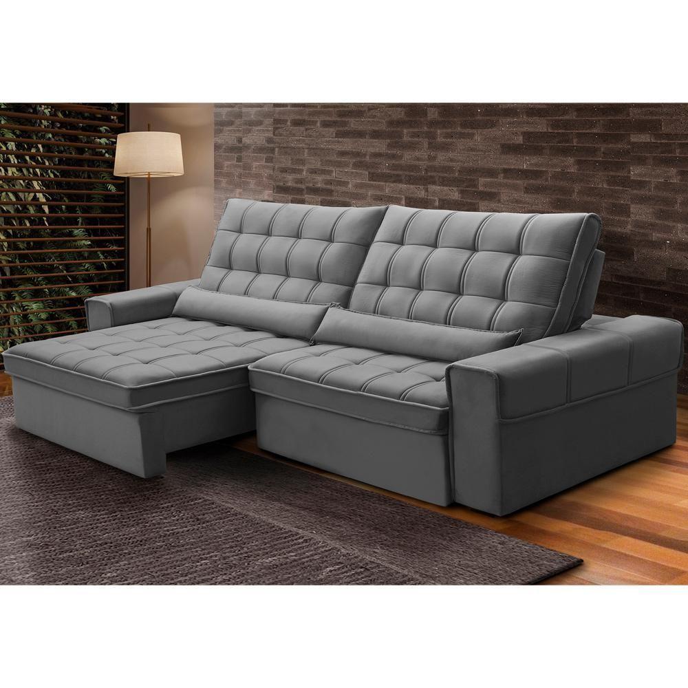 Sofá Retrátil Reclinável Para Sala 4 Lugares 290cm Nebrasca F04 Veludo Cinza Claro - Lyam Decor - 2