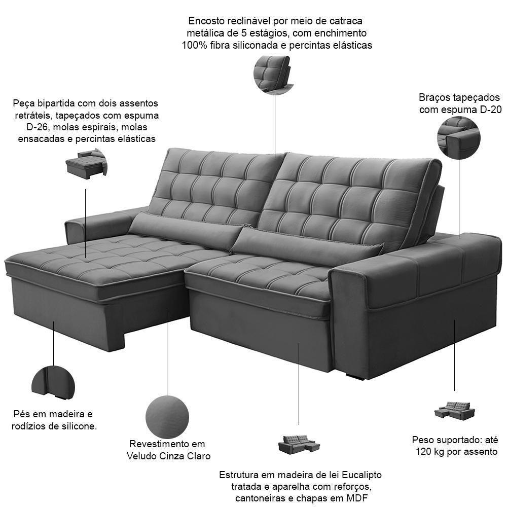 Sofá Retrátil Reclinável Para Sala 4 Lugares 290cm Nebrasca F04 Veludo Cinza Claro - Lyam Decor - 3