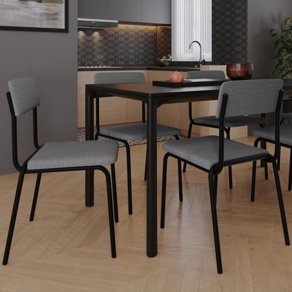 Kit 06 Cadeiras Estofada Para Sala De Jantar Sense Preto C01 Linho Cinza Claro - Lyam Decor - 2