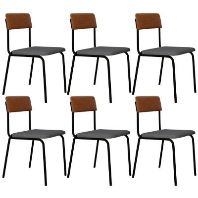 Kit 06 Cadeiras Estofada Para Sala De Jantar Sense Preto C01 Linho Cinza Claro Courino Caramelo - Lyam Decor