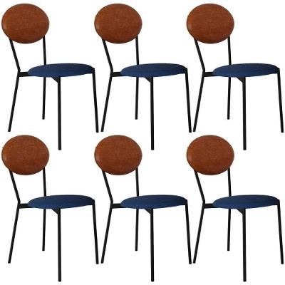 Kit 06 Cadeiras Estofada Para Sala De Jantar Azuri Preto C01 Linho Azul Courino Caramelo - Lyam Decor