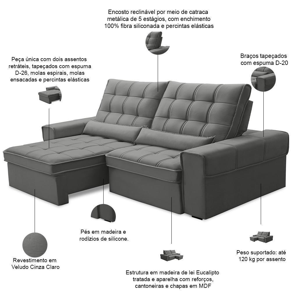 Sofá Retrátil Reclinável Para Sala 3 Lugares 250cm Nebrasca F04 Veludo Cinza Claro - Lyam Decor - 3