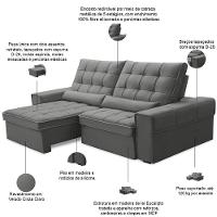 Sofá Retrátil Reclinável Para Sala 3 Lugares 250cm Nebrasca F04 Veludo Cinza Claro - Lyam Decor - 3