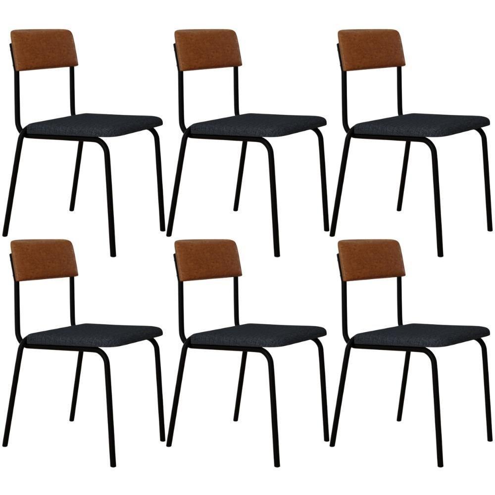 Kit 06 Cadeiras Estofada Para Sala De Jantar Sense Preto C01 Linho Cinza Courino Caramelo - Lyam Decor - 1