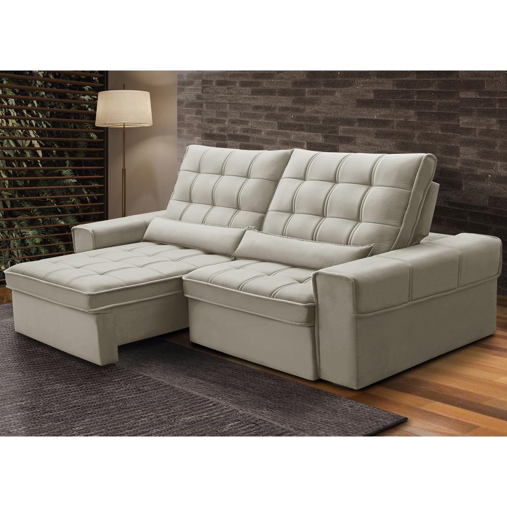 Sofá Retrátil Reclinável Para Sala 3 Lugares 250cm Nebrasca F04 Veludo Bege - Lyam Decor - 2