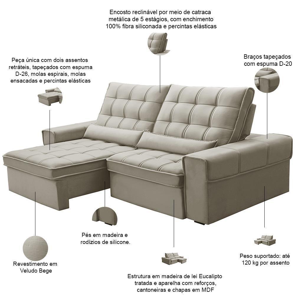 Sofá Retrátil Reclinável Para Sala 3 Lugares 250cm Nebrasca F04 Veludo Bege - Lyam Decor - 3