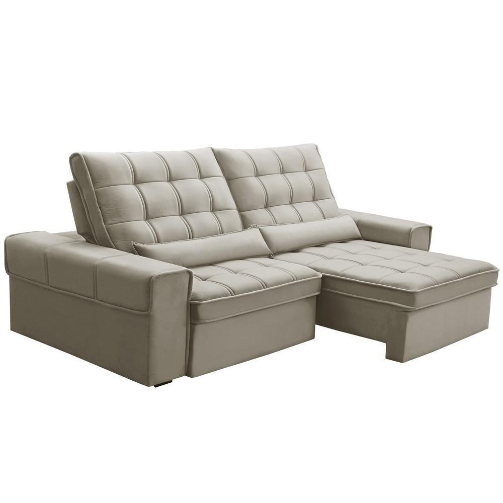 Sofá Retrátil Reclinável Para Sala 3 Lugares 250cm Nebrasca F04 Veludo Bege - Lyam Decor - 5