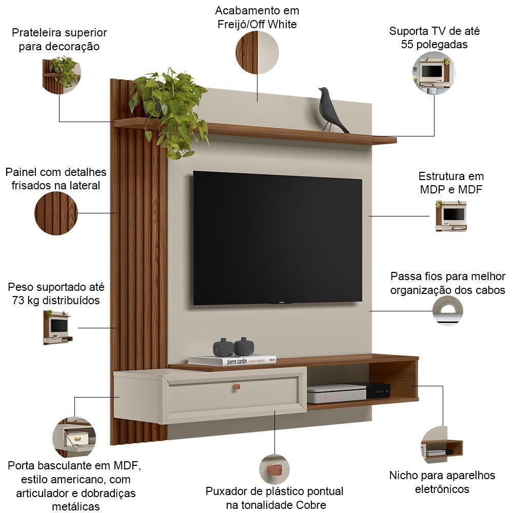 Painel Para Tv 55 Pol Com Bancada Suspensa Sollare L05 Freijó Off White - Lyam Decor - 4
