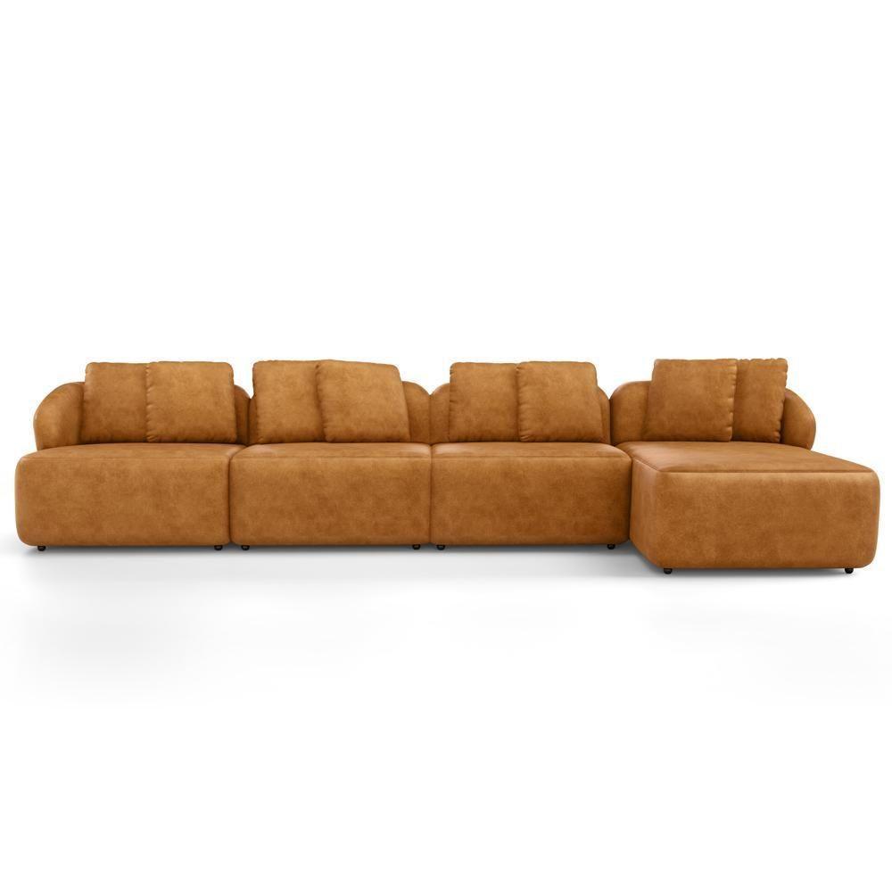 Sofá 5 Lugares Com Chaise Direito Sala Living 394cm Arlo F04 Couríssimo Whisky - Lyam Decor - 3