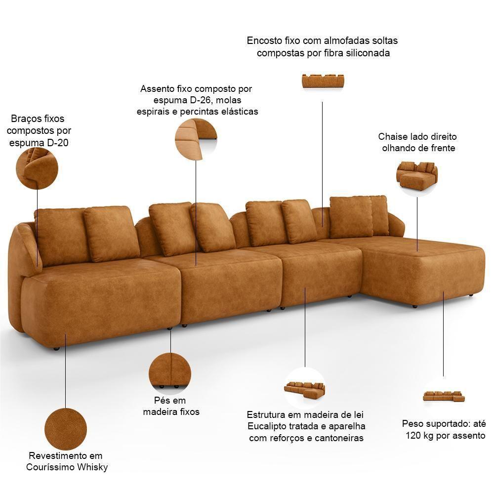 Sofá 5 Lugares Com Chaise Direito Sala Living 394cm Arlo F04 Couríssimo Whisky - Lyam Decor - 4