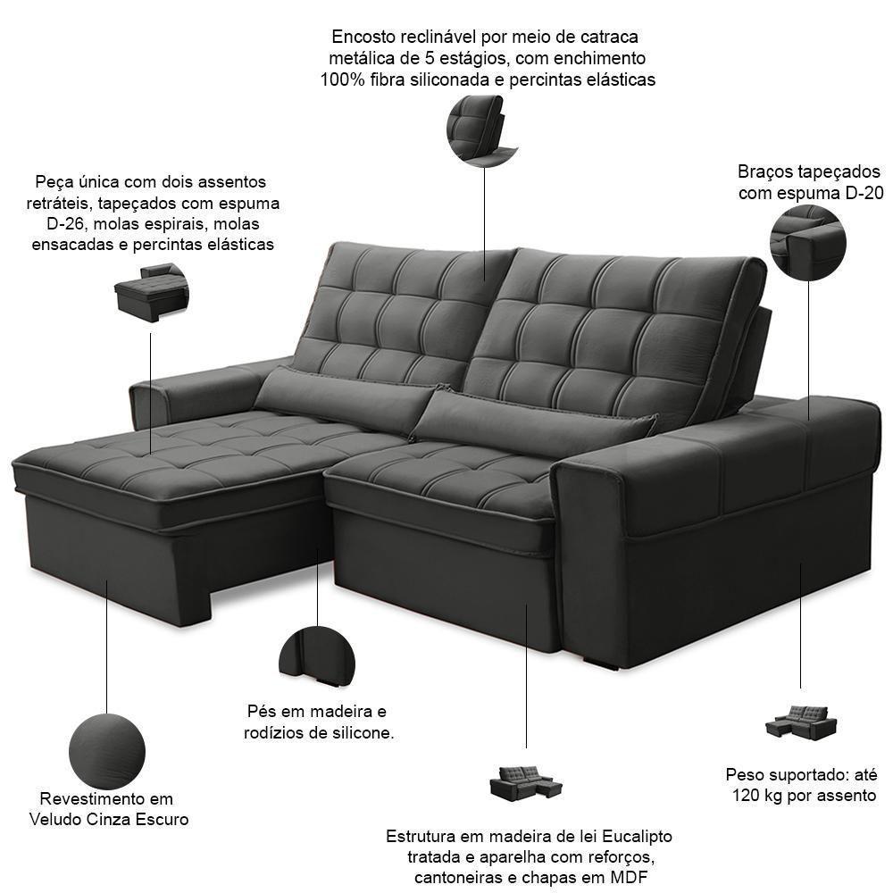 Sofá Retrátil Reclinável Para Sala 3 Lugares 210cm Nebrasca F04 Veludo Cinza Escuro - Lyam Decor - 3