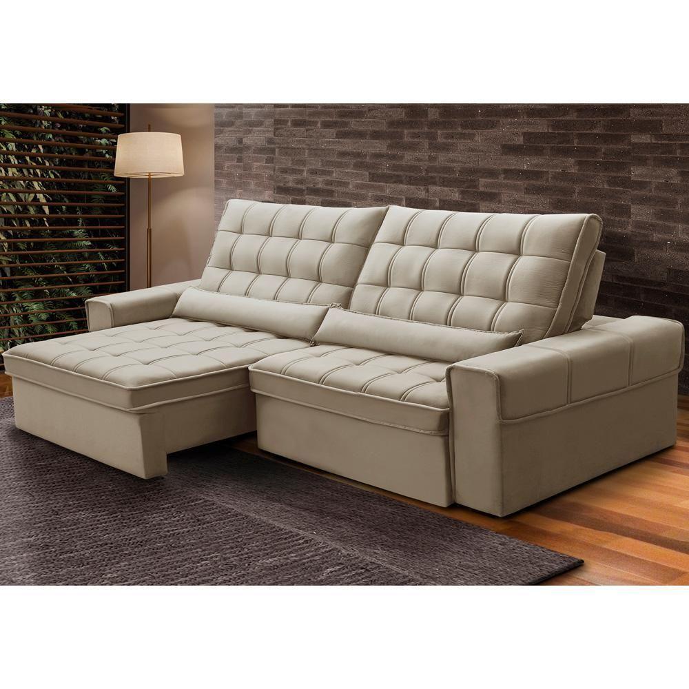 Sofá Retrátil Reclinável Para Sala 4 Lugares 290cm Nebrasca F04 Veludo Bege - Lyam Decor - 2
