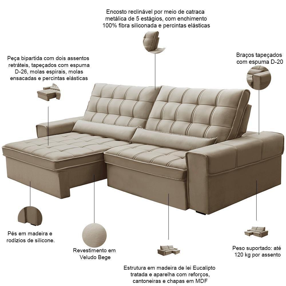 Sofá Retrátil Reclinável Para Sala 4 Lugares 290cm Nebrasca F04 Veludo Bege - Lyam Decor - 3