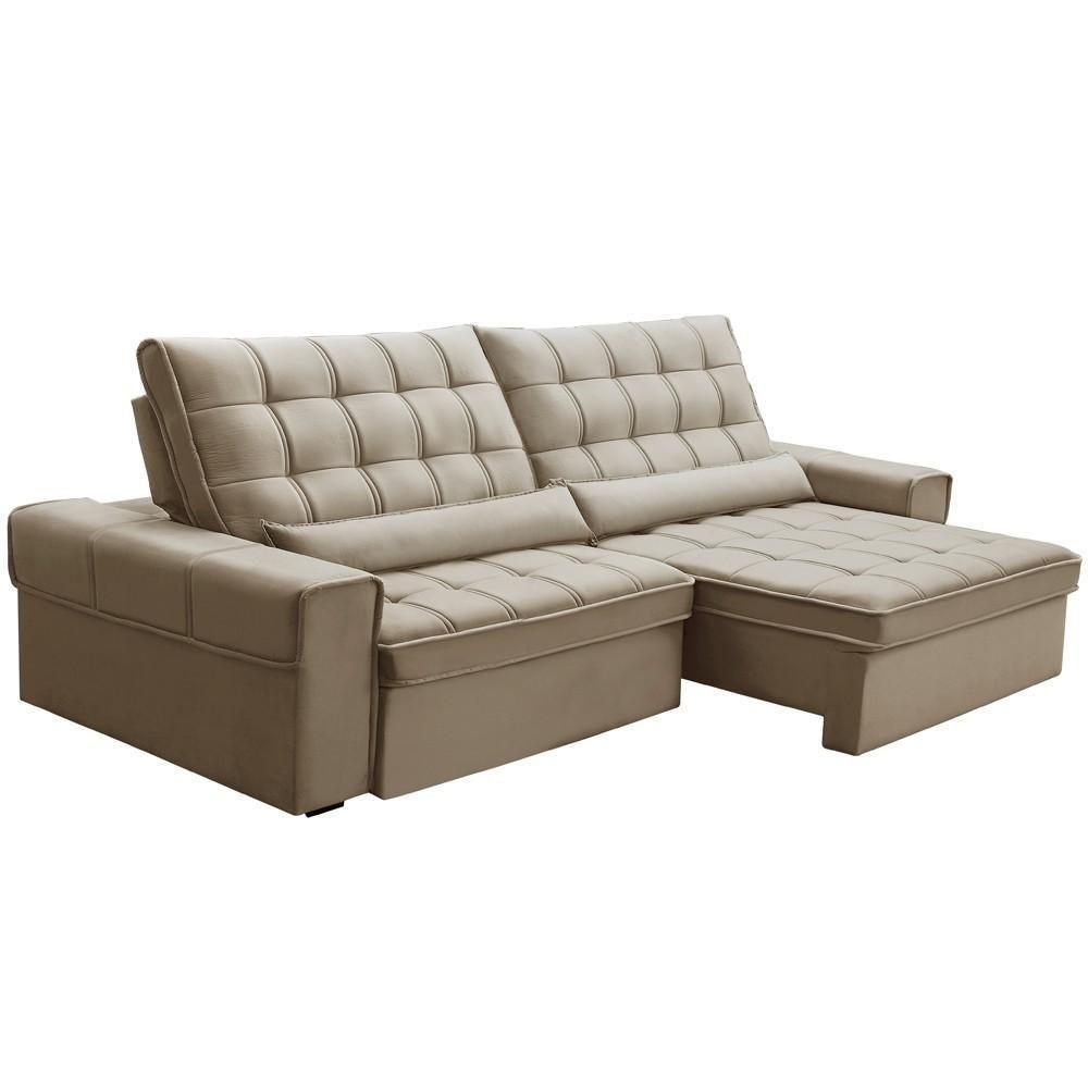 Sofá Retrátil Reclinável Para Sala 4 Lugares 290cm Nebrasca F04 Veludo Bege - Lyam Decor - 5