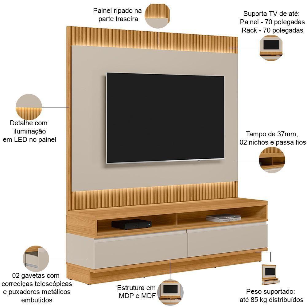Rack Para Sala Com Painel Para Tv 70 Pol Led 180cm Spencer L05 Tauari Off White Fosco - Lyam Decor - 4