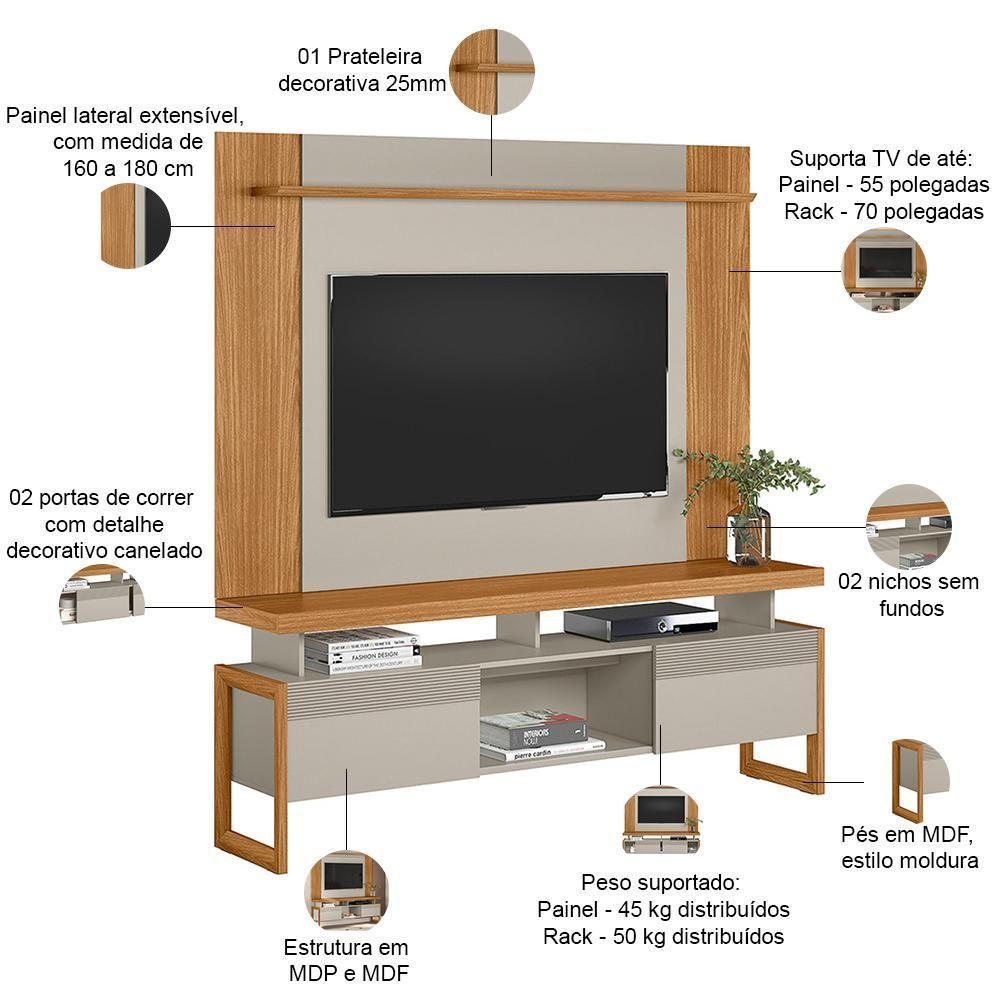 Rack Para Sala Com Painel Para Tv 55 Pol Esmirna L05 Nature Off White - Lyam Decor - 4