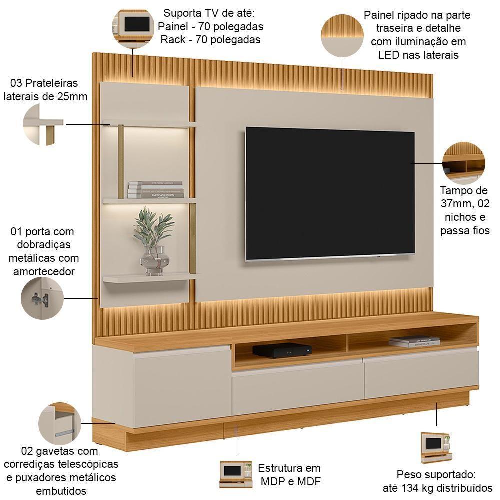 Rack Para Sala Com Painel Para Tv 70 Pol Led 238cm Spencer L05 Tauari Off White Fosco - Lyam Decor - 4
