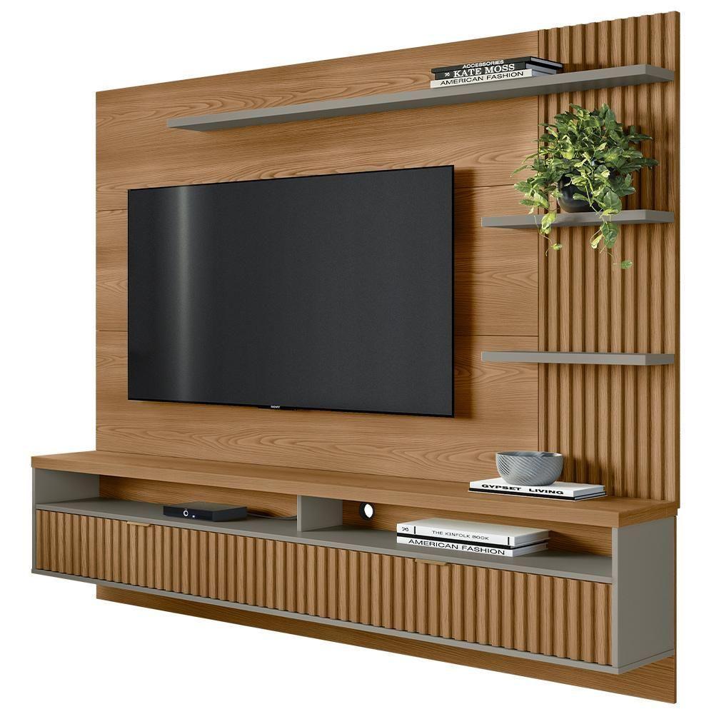 Painel Para Tv 65 Pol Com Bancada Suspensa Zemo L05 Amêndoa Titanio - Lyam Decor - 1