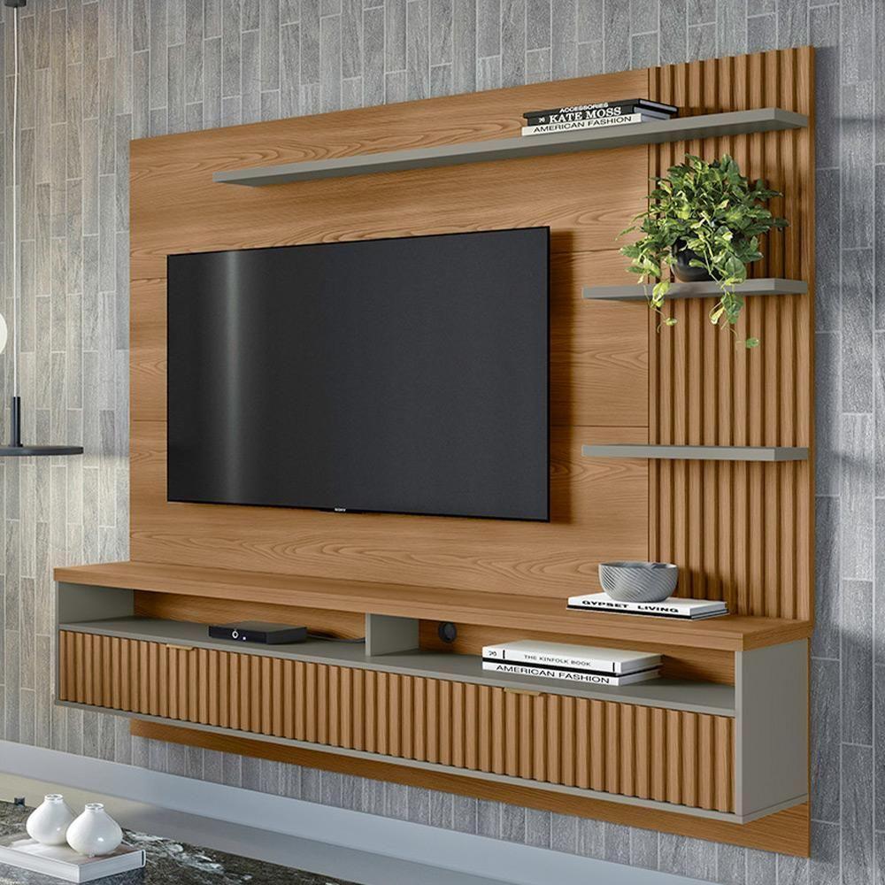 Painel Para Tv 65 Pol Com Bancada Suspensa Zemo L05 Amêndoa Titanio - Lyam Decor - 2