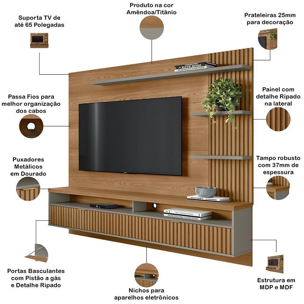 Painel Para Tv 65 Pol Com Bancada Suspensa Zemo L05 Amêndoa Titanio - Lyam Decor - 4