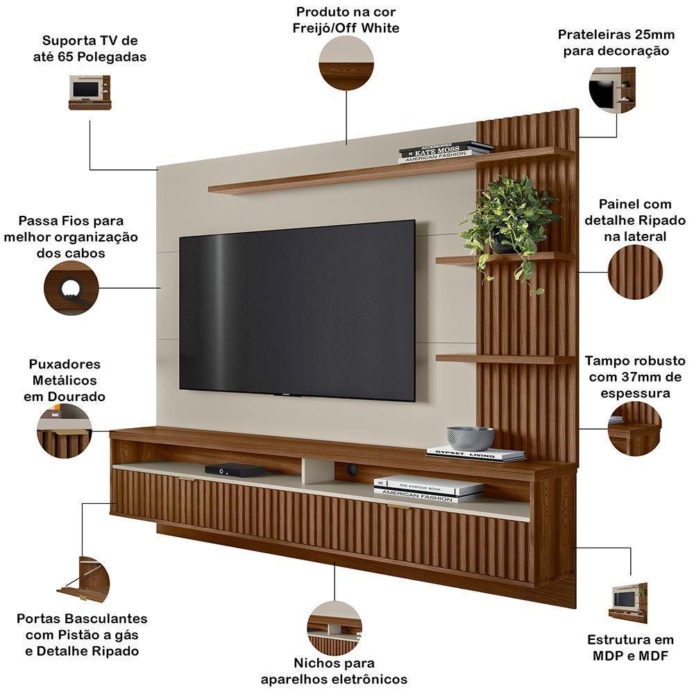 Painel Para Tv 65 Pol Com Bancada Suspensa Zemo L05 Freijó Off White - Lyam Decor - 4
