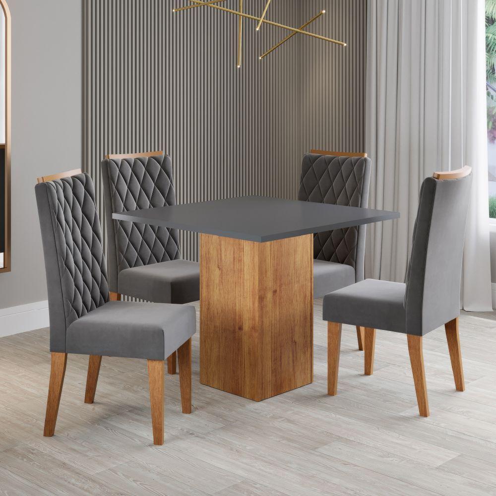 Conjunto Sala De Jantar Mesa Lord Quadrada 0,90m 4 Cadeiras Bele Madeirado/cinza Veludo Viero Madeirado / Cinza - 2
