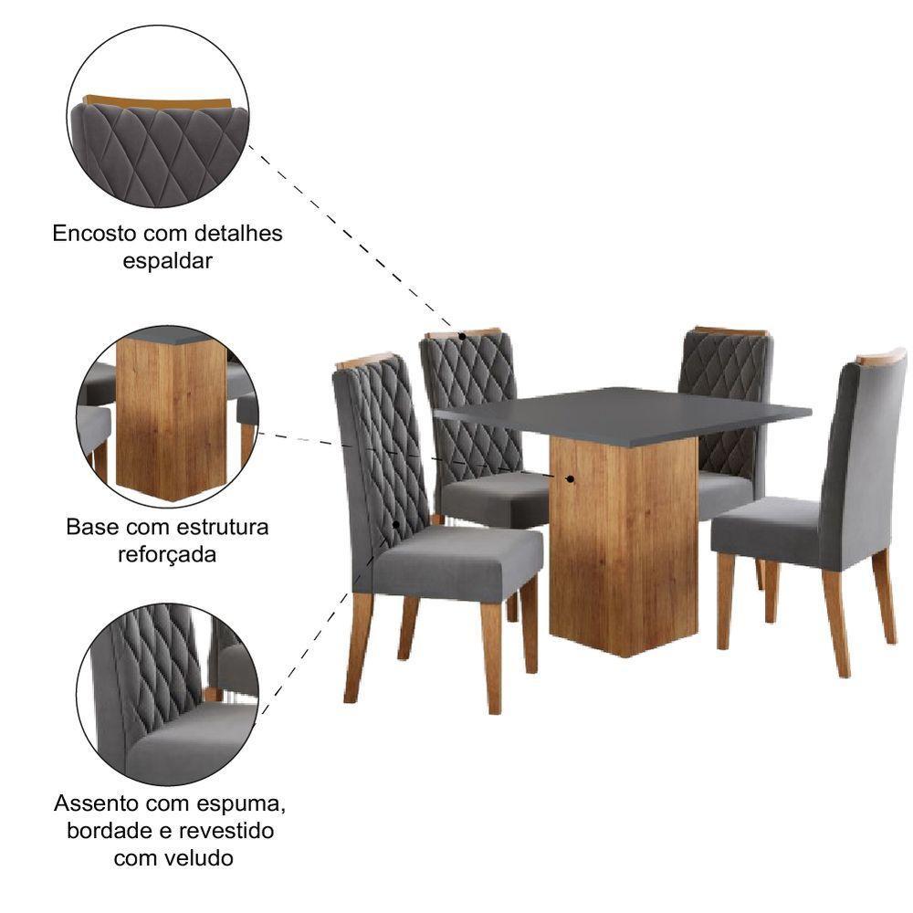 Conjunto Sala De Jantar Mesa Lord Quadrada 0,90m 4 Cadeiras Bele Madeirado/cinza Veludo Viero Madeirado / Cinza - 6