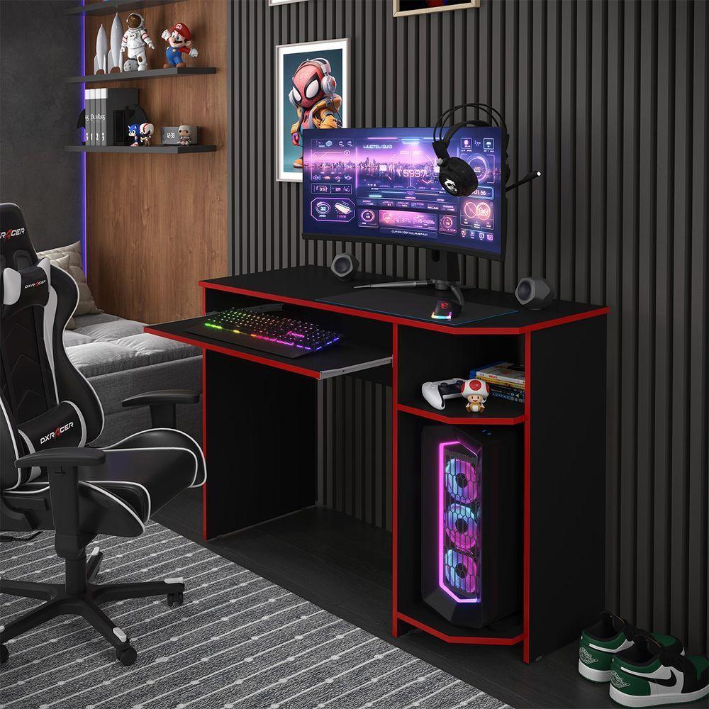 Mesa Escrivaninha Gamer Computador Notebook Estudo Trabalho 90 Preto Vermelho - 5